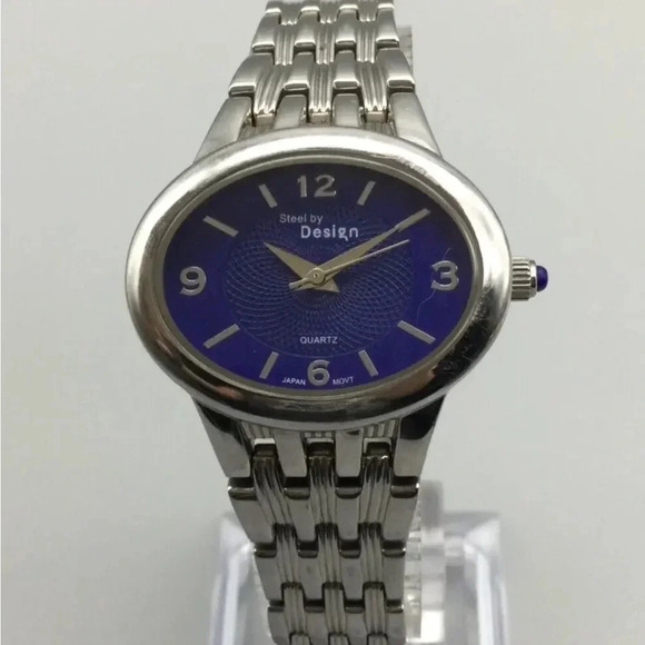 Steel by Design Watch Women 30mm Silver Tone Oval Blue Dial